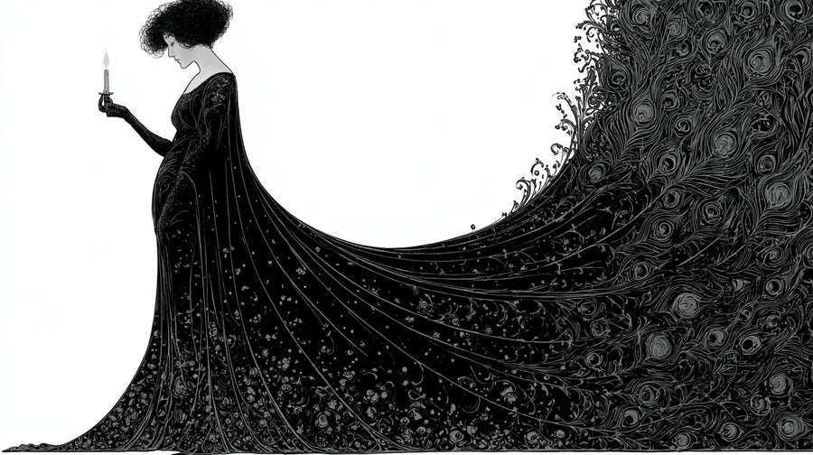 Uzun Kuyruklu Elbise Art Nouveau Mürekkep Yatay Kanvas Tablo