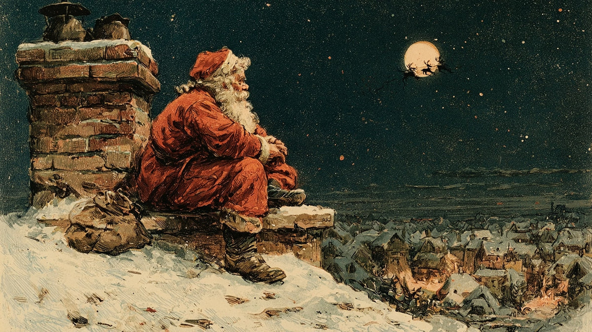 Çatıda Noel Baba Vintage Yatay Kanvas Tablo