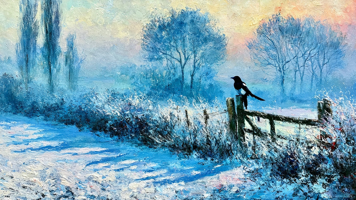 Pastel Kış Sabahı Çit ve Saksağan No.2 Yatay Kanvas Tablo