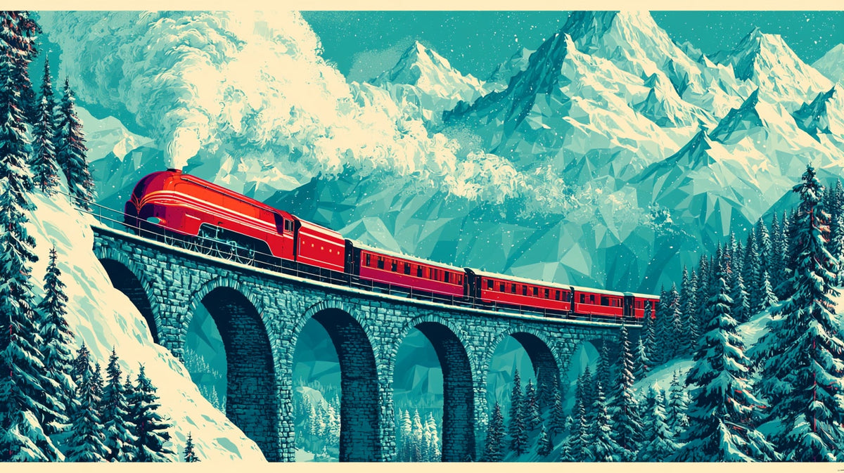 Art Deco Karlı Dağlarda Kızıl Tren Yatay Kanvas Tablo