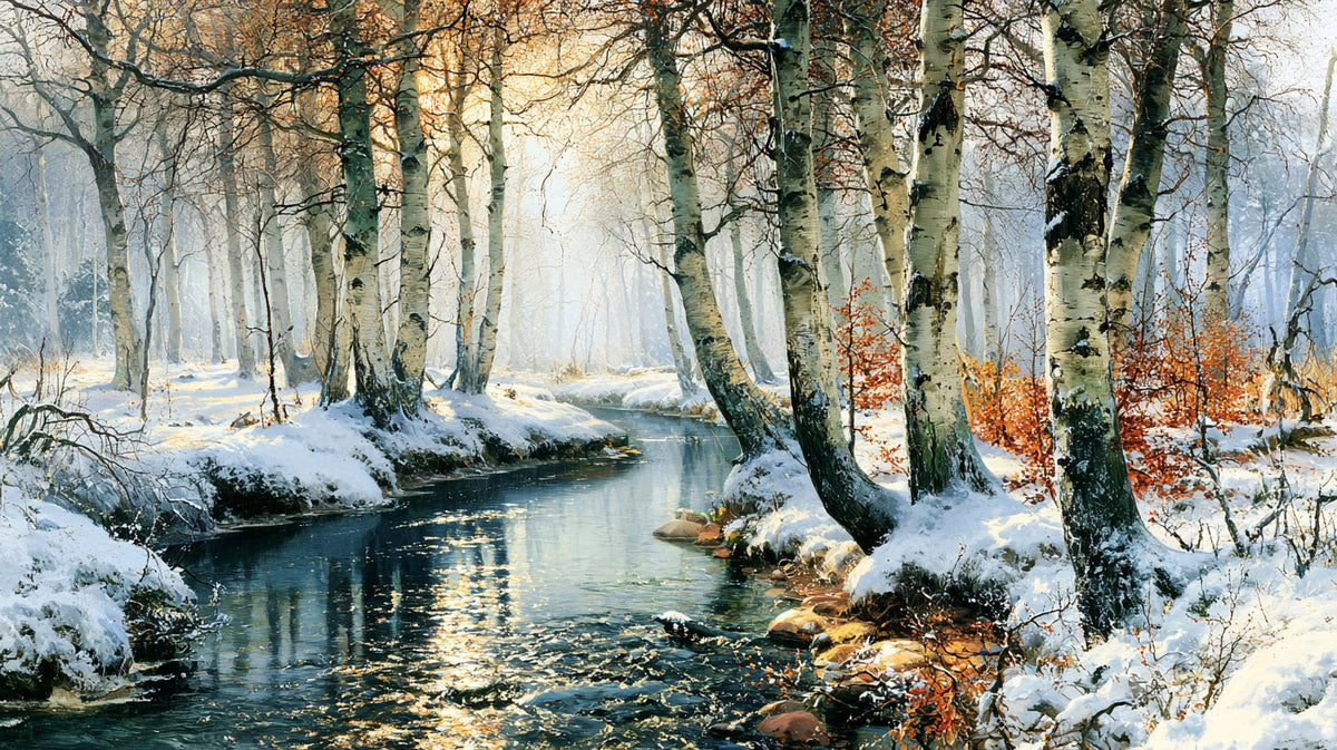 Karlı Huş Ormanında Dere Yatay Kanvas Tablo