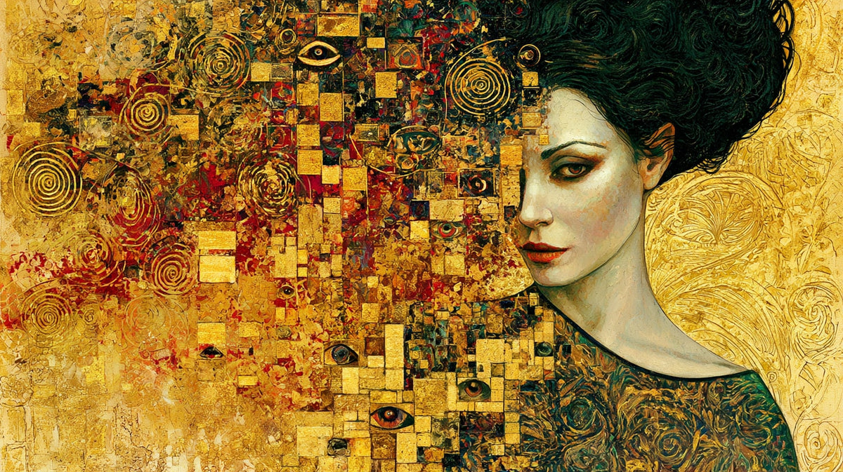 Klimt Tarzı Altın Mozaik Kadın Portresi No.1 Yatay Kanvas Tablo