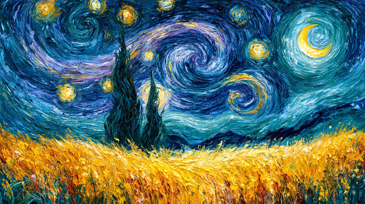 Van Gogh Tarzı Yıldızlı Gece ve Buğday No.1 Yatay Kanvas Tablo