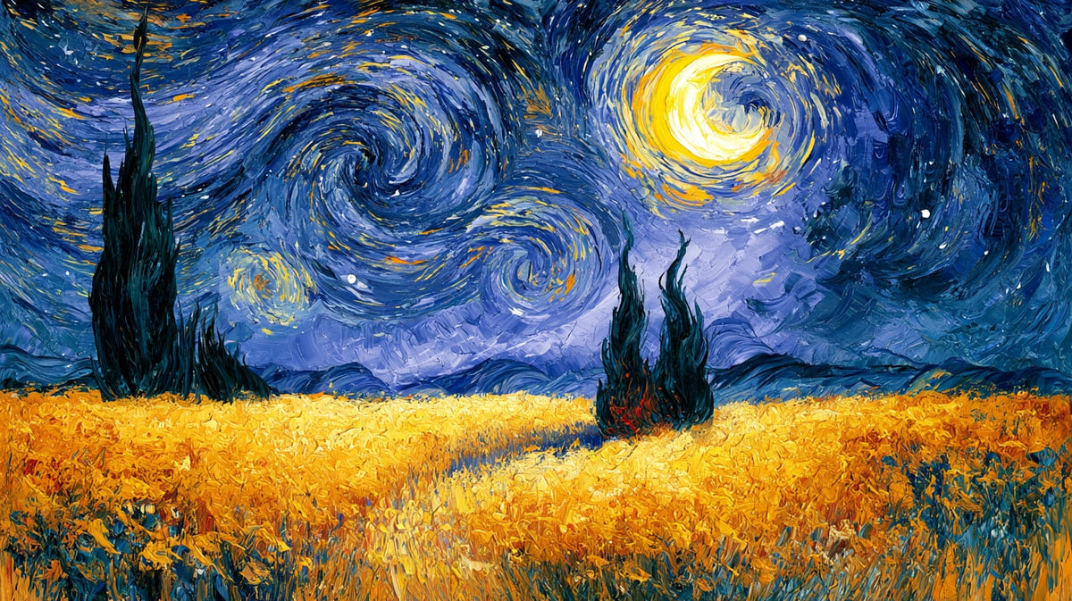 Van Gogh Tarzı Yıldızlı Gece ve Buğday No.2 Yatay Kanvas Tablo