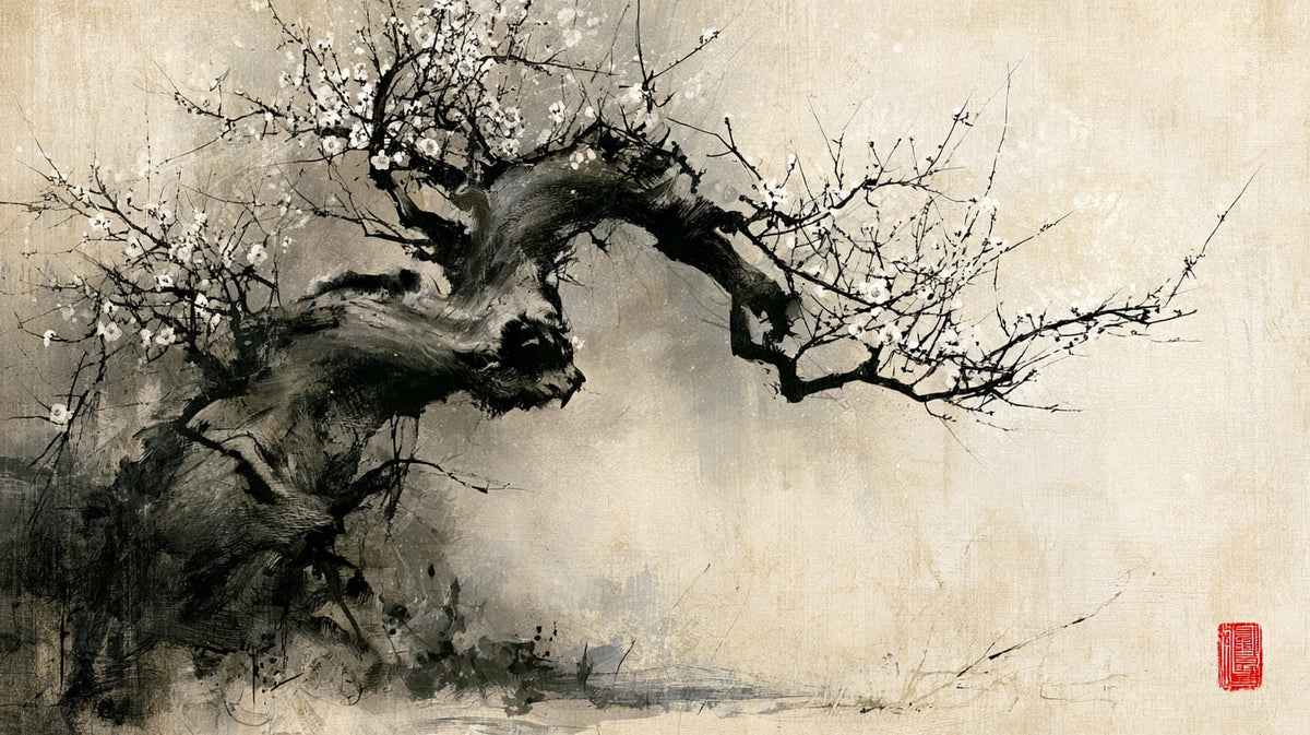 Çiçekli Erik Dalı Sumi-e No.1 Yatay Kanvas Tablo
