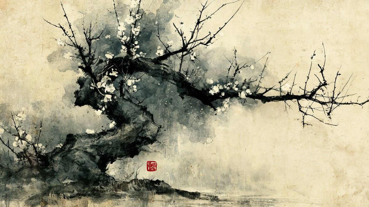 Çiçekli Erik Dalı Sumi-e No.2 Yatay Kanvas Tablo