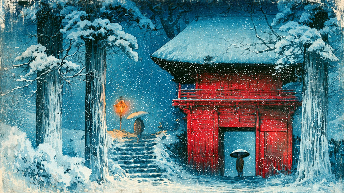 Karlı Tapınak Kapısı Ukiyo-e Yatay Kanvas Tablo
