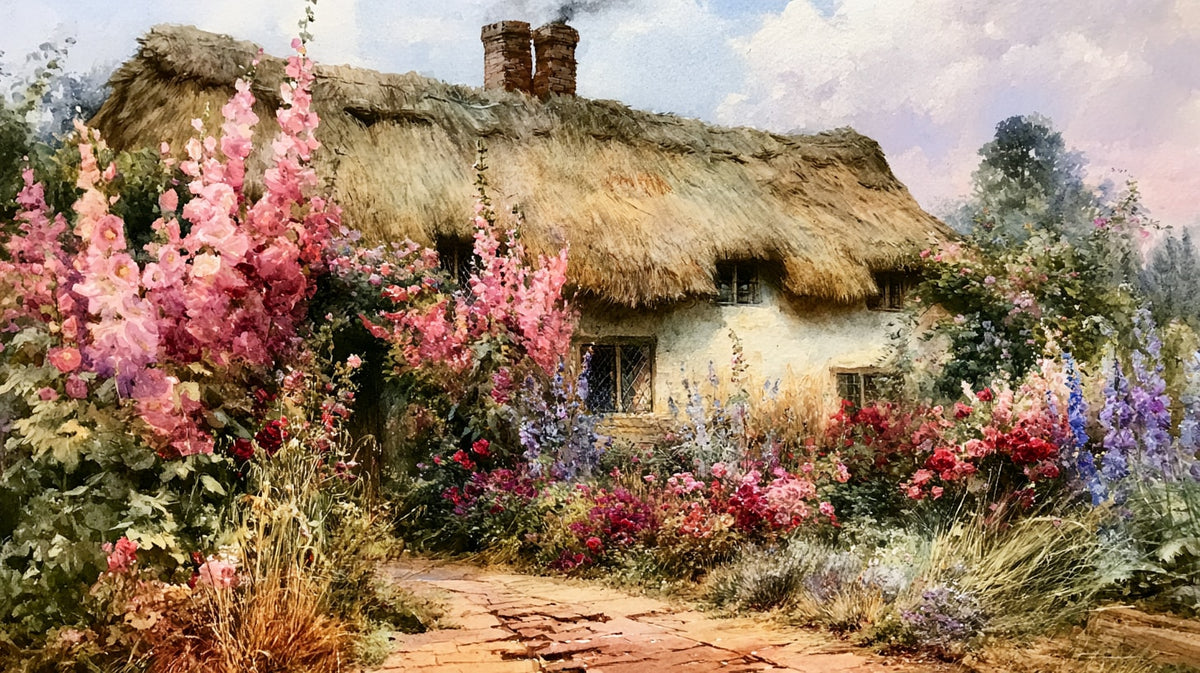 Saz Çatılı Kır Evi ve Çiçek Bahçesi No.1 Yatay Kanvas Tablo