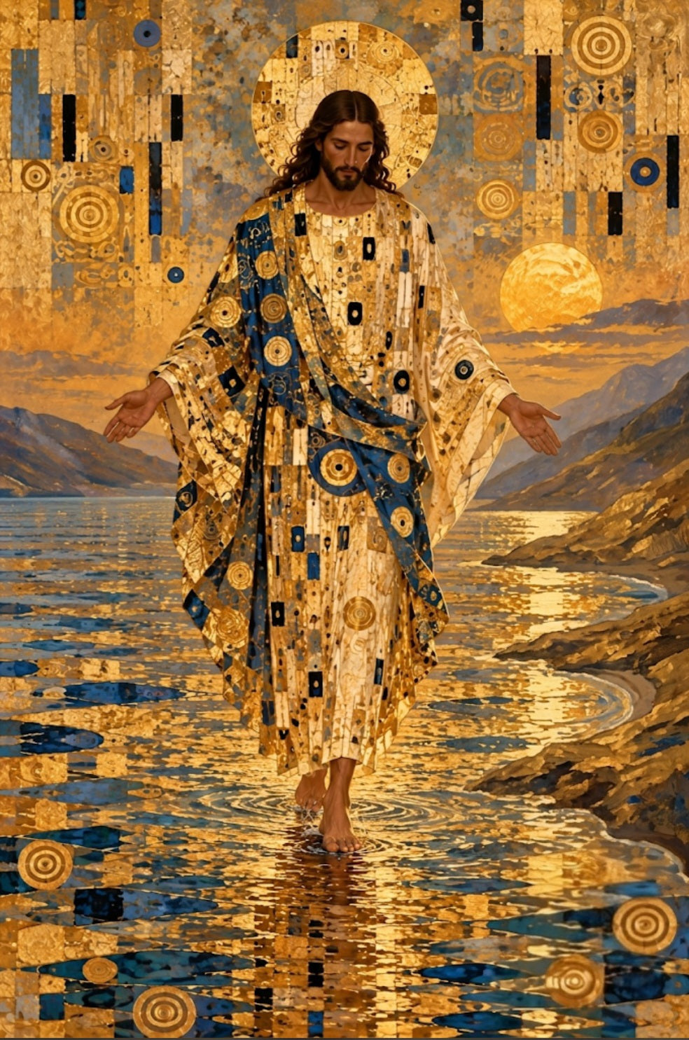 Su Üstünde Yürüyen İsa Klimt Esintili Altın Haleli Kanvas Tablo