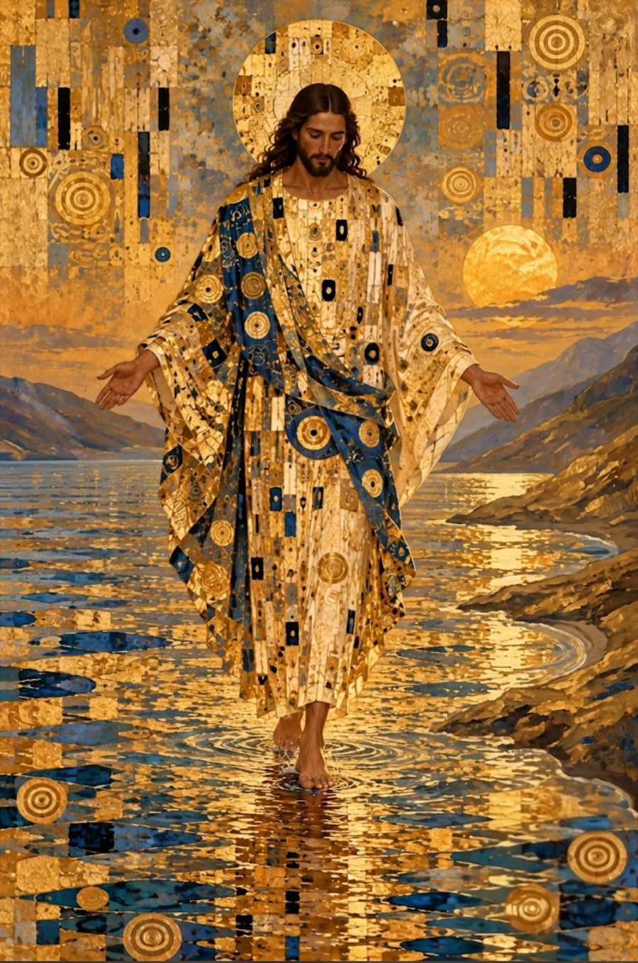 Su Üstünde Yürüyen İsa Klimt Esintili Altın Haleli Kanvas Tablo