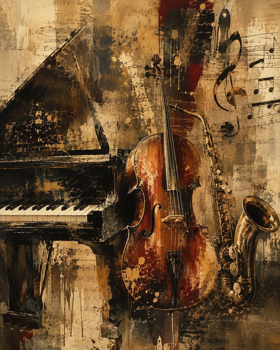 Piyano, Keman ve Saksafon Müzik Enstrümanları Kanvas Tablo