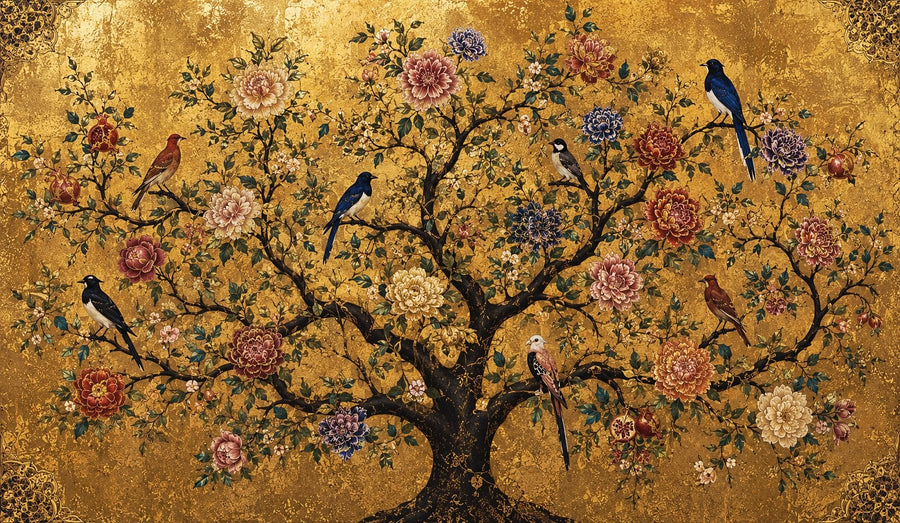 Klimt Tarzı Hayat Ağacı ve Kuşlar Kanvas Tablo