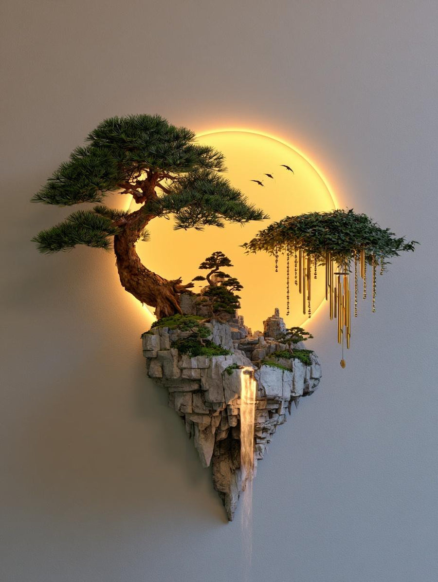 Havada Süzülen Şelale Adasında Bonsai Kanvas Tablo